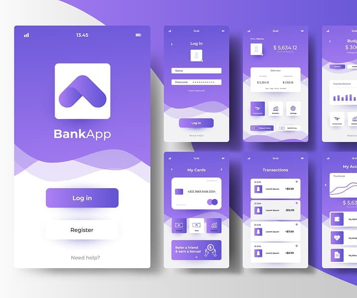 Mobile banking app user interface with account overview